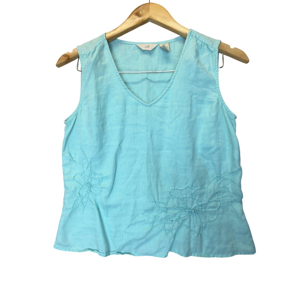 J. Jill Women Turquoise Blue 100% Linen Floral Embroidered V-Neck Tank Top XS